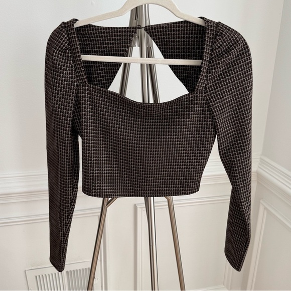 NWT House of Harlow 1960 Tan & Brown Tones Checkered Long Sleeve Cropped Top XS